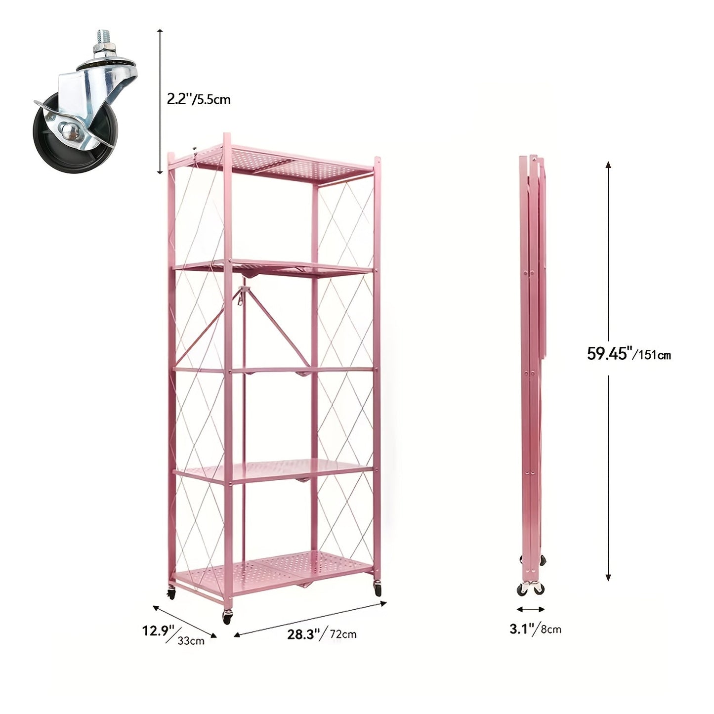 Heavy Duty Folding Storage Rack with Wheels – 3/4/5-Tier Portable Floor-Standing Shelf, No Assembly Required, for Home, Office, Bedroom & Dorm, 4 Colors Available