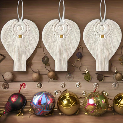 Macrame Angel Ornament Kit 3pcs Golden Accents Boho Wall Hanging Christmas Holiday Home Decor Handcrafted Gift for Mom Girls Winter Display