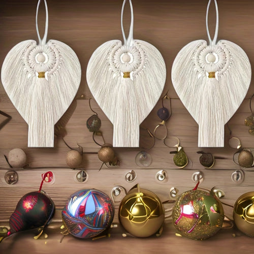Macrame Angel Ornament Kit 3pcs Golden Accents Boho Wall Hanging Christmas Holiday Home Decor Handcrafted Gift for Mom Girls Winter Display