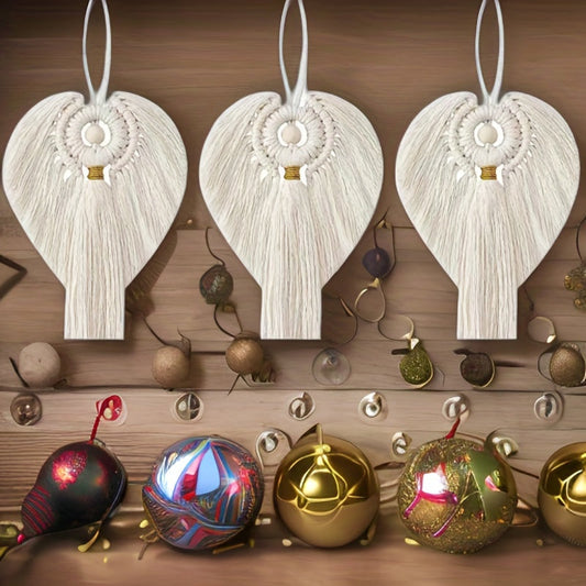 Macrame Angel Ornament Kit 3pcs Golden Accents Boho Wall Hanging Christmas Holiday Home Decor Handcrafted Gift for Mom Girls Winter Display