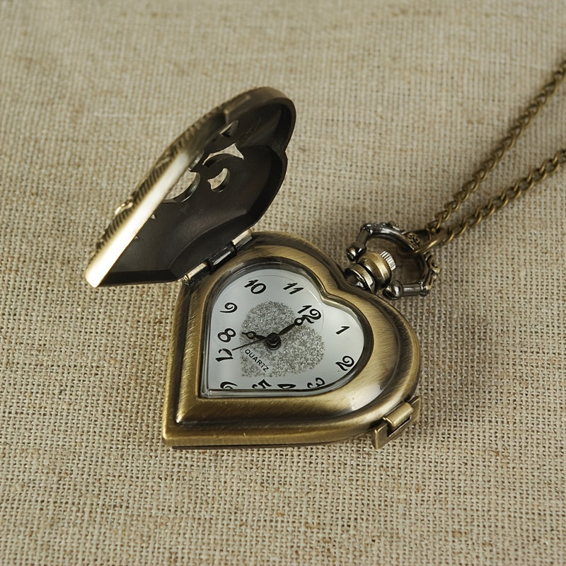 Silver Heart-Shaped Hollow Pendant Pocket Watch Necklace for Women - Elegant Quartz Locket Watch Stainless Steel Vintage Charm Jewelry, Perfect Mother's Day Valentine's & Birthday Gift