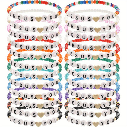 24pc Christian Friendship Bracelet Set – Handmade Clay Bead Jesus Love You Bracelets, Bulk Religious Jewelry for Christmas, Easter, Church Events & Faith-Based Gifts