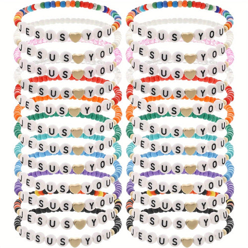 24pc Christian Friendship Bracelet Set – Handmade Clay Bead Jesus Love You Bracelets, Bulk Religious Jewelry for Christmas, Easter, Church Events & Faith-Based Gifts