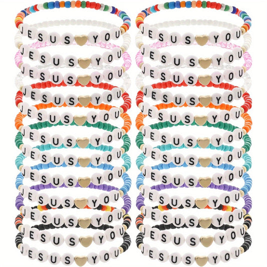 24pc Christian Friendship Bracelet Set – Handmade Clay Bead Jesus Love You Bracelets, Bulk Religious Jewelry for Christmas, Easter, Church Events & Faith-Based Gifts