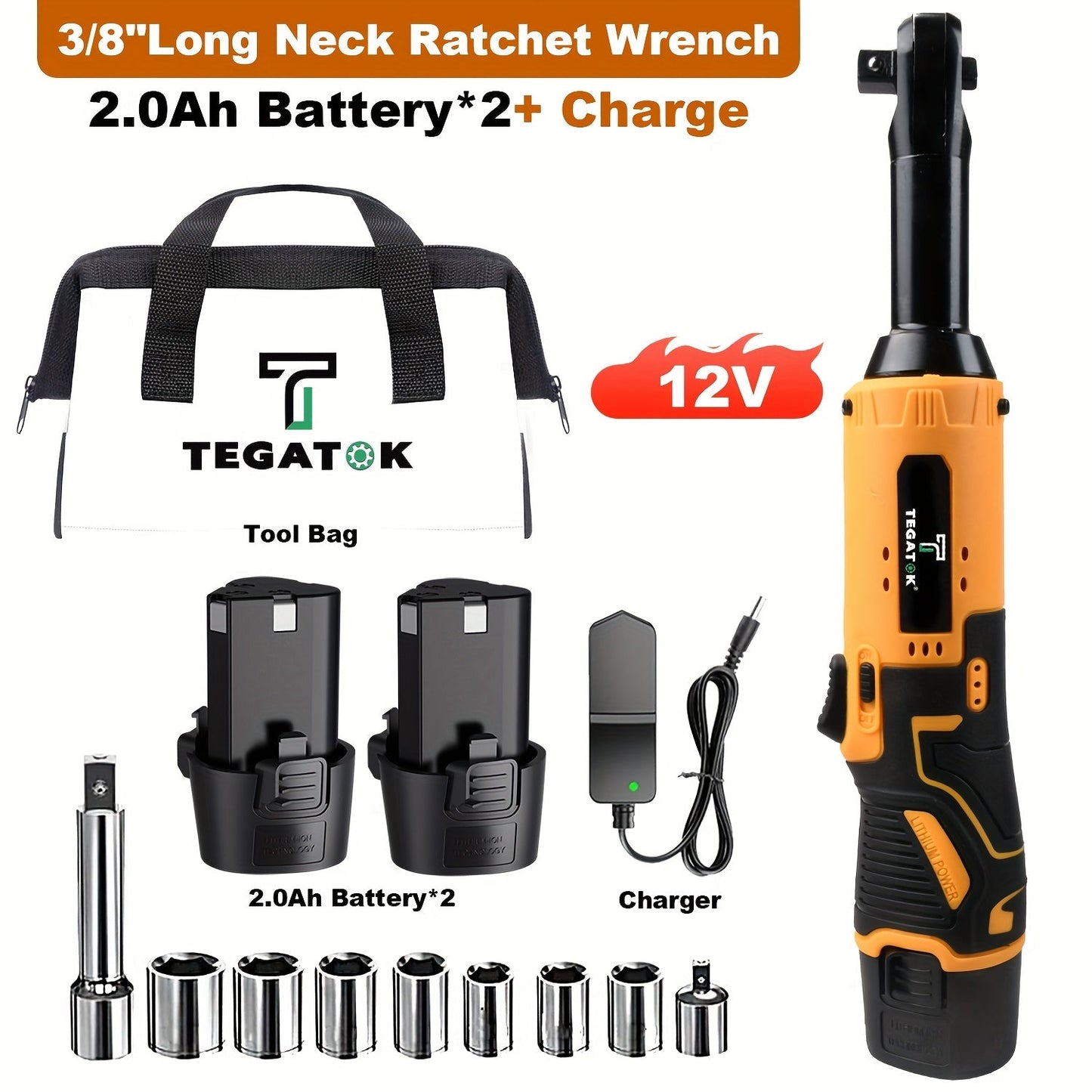 12V Cordless Ratchet Wrench Set 3/8" Drive 40 Ft-lbs – Variable Speed Trigger, Fast Charge, 7 Sockets, 1 or 2 Lithium-Ion Batteries for Automotive Repair, DIY & Valentine’s Day Gift for Men