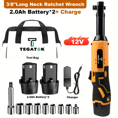 12V Cordless Ratchet Wrench Set 3/8" Drive 40 Ft-lbs – Variable Speed Trigger, Fast Charge, 7 Sockets, 1 or 2 Lithium-Ion Batteries for Automotive Repair, DIY & Valentine’s Day Gift for Men