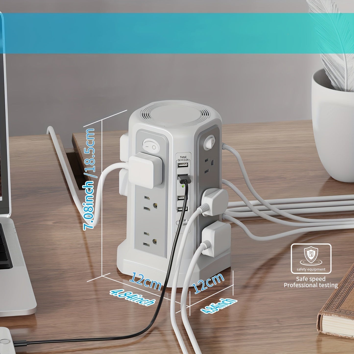 Tower Surge Protector Power Strip 12 AC Outlets 5 USB Ports PD 18W USB-C Fast Charging 10FT Extension Cord 1800J Surge Protection 4 Switches for Home Office Desk Dorm Room – Space-Saving Vertical Design