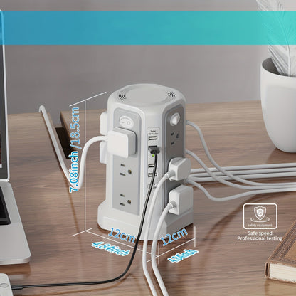 Tower Surge Protector Power Strip 12 AC Outlets 5 USB Ports PD 18W USB-C Fast Charging 10FT Extension Cord 1800J Surge Protection 4 Switches for Home Office Desk Dorm Room – Space-Saving Vertical Design