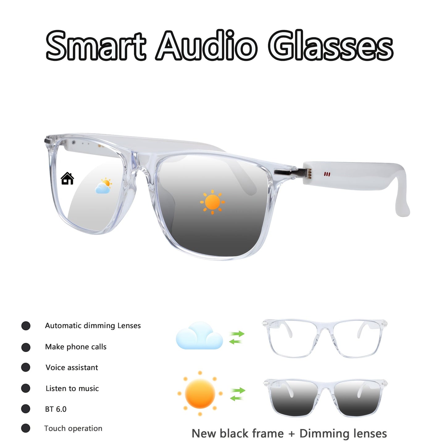 Smart Audio Glasses Bluetooth 6.0 – Auto-Dimming Photochromic Lenses, Anti Blue Light, Music & Phone Calls, Turns Into Sunglasses in Seconds, Multiple Frame Colors