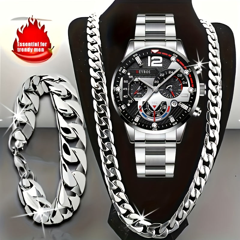 Men's 3pcs Watch Necklace Bracelet Set Luxury Analog Quartz Wristwatch Matching Jewelry Combo for Daily Wear Gift for Him Silver Gold Black