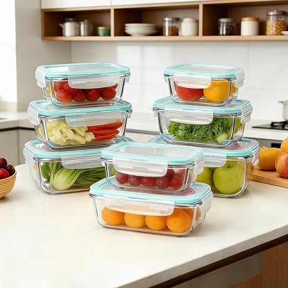 Glass Food Storage Containers with Lids 16-Piece Set (8 Containers + 8 Lids), Airtight Meal Prep Containers Microwave Oven Freezer Safe, Lunch Boxes for Salads Fruits Vegetables Sandwiches Leftovers