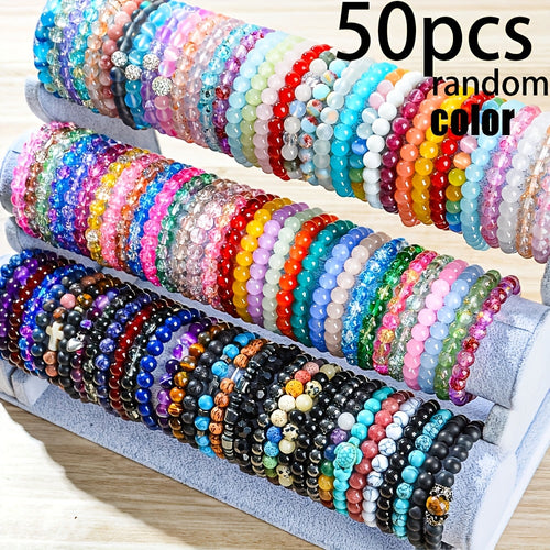 50 Pcs Glass Bead Bracelets Set Random Color – Colorful Handmade Stackable Friendship Bracelets Bulk Pack for Women Girls Kids, Party Favors, Gifts & DIY Jewelry Making