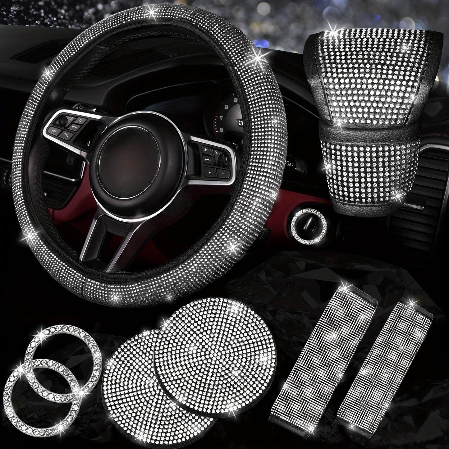 8pc Rhinestone Bling Car Accessories Set for Women – Steering Wheel Cover, Coasters, Seatbelt Pads, Starter Rings & Shift Knob Cover, 7 Colors, Sparkly Glitter Interior Kit