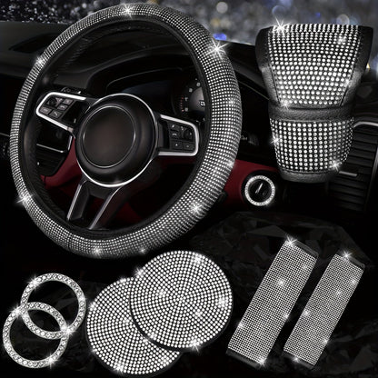 8pc Rhinestone Bling Car Accessories Set for Women – Steering Wheel Cover, Coasters, Seatbelt Pads, Starter Rings & Shift Knob Cover, 7 Colors, Sparkly Glitter Interior Kit