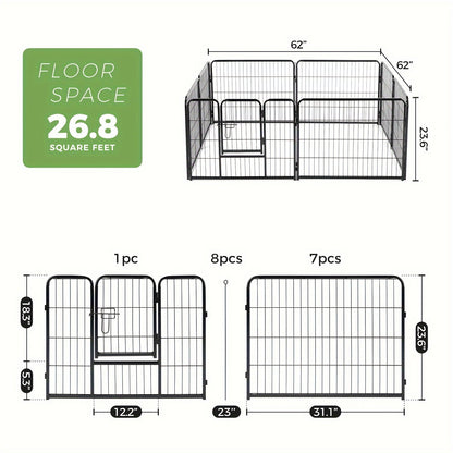 Dog Playpen 8 or 16 Panel DIY Metal Kennel with Door for Large Medium Small Dogs – 24 32 40 Inch Indoor Outdoor Puppy Pen Easy to Assemble & Move