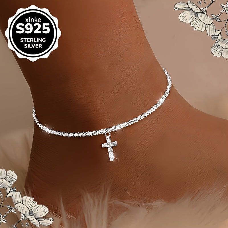 S925 Sterling Silver Cross Anklet for Women – Dazzling Synthetic Diamond End, Bohemian Beach & Vacation Jewelry, Casual Outfit Accessory, Perfect Gift for Valentine's Day & Mother's Day