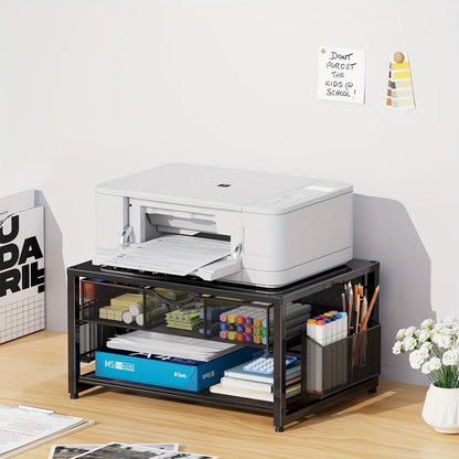 Metal Printer Stand for Desk with Storage Drawer & 2 Pen Holders – 2-Tier Desktop Organizer for Home Office, Multi-Purpose Printer Table for Fax Machine Scanner Files, Wood & Black