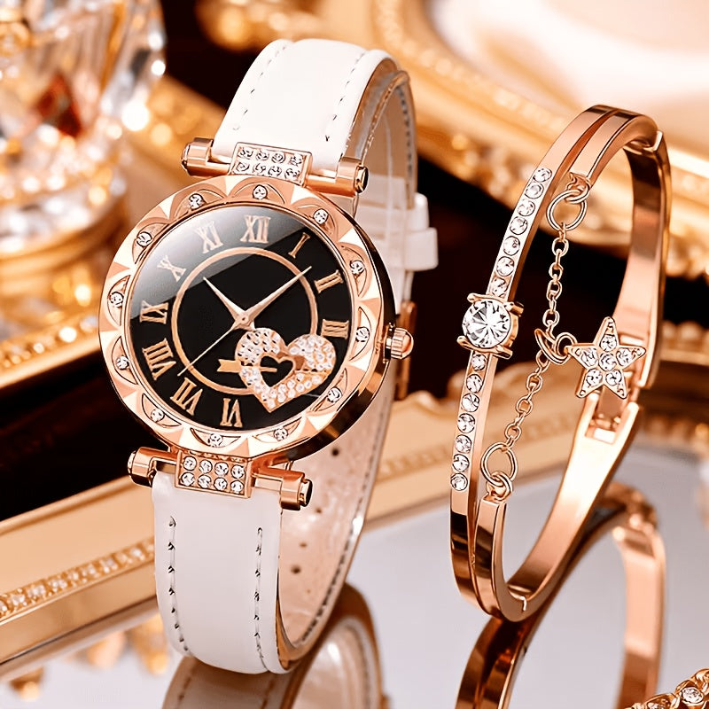 Rhinestone Heart Watch Set for Women – 2 Quartz Watches with Faux Leather Strap, Rose Gold & Pink Bracelet Wristwatch Gift Set for Valentine's Day, Birthdays & Parties