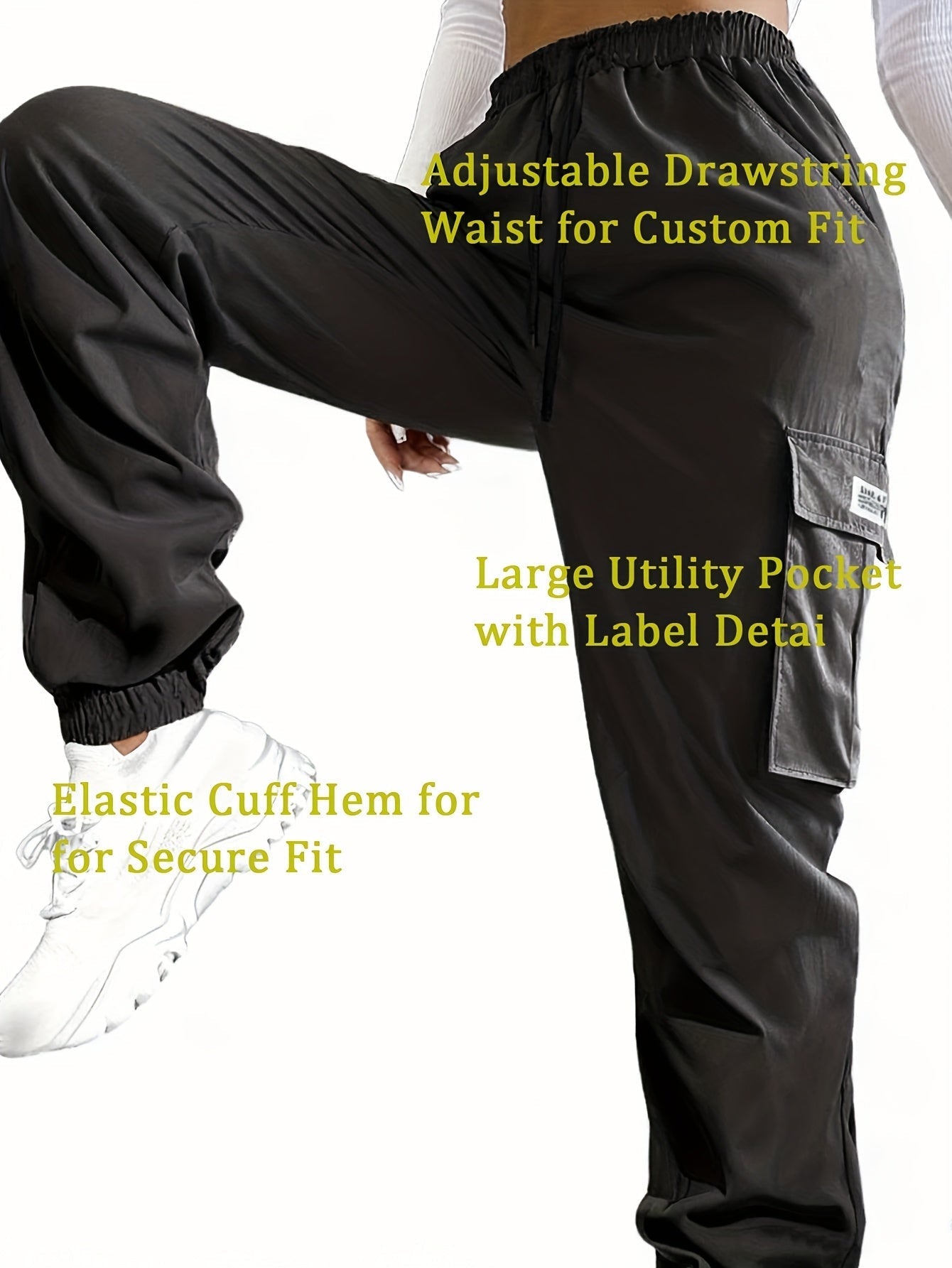 Women's Cargo Pants with Zippered Pockets – Elastic Drawstring Waist Large Pocket Casual Outdoor Trousers Black Grey Green Blue XS-XXL