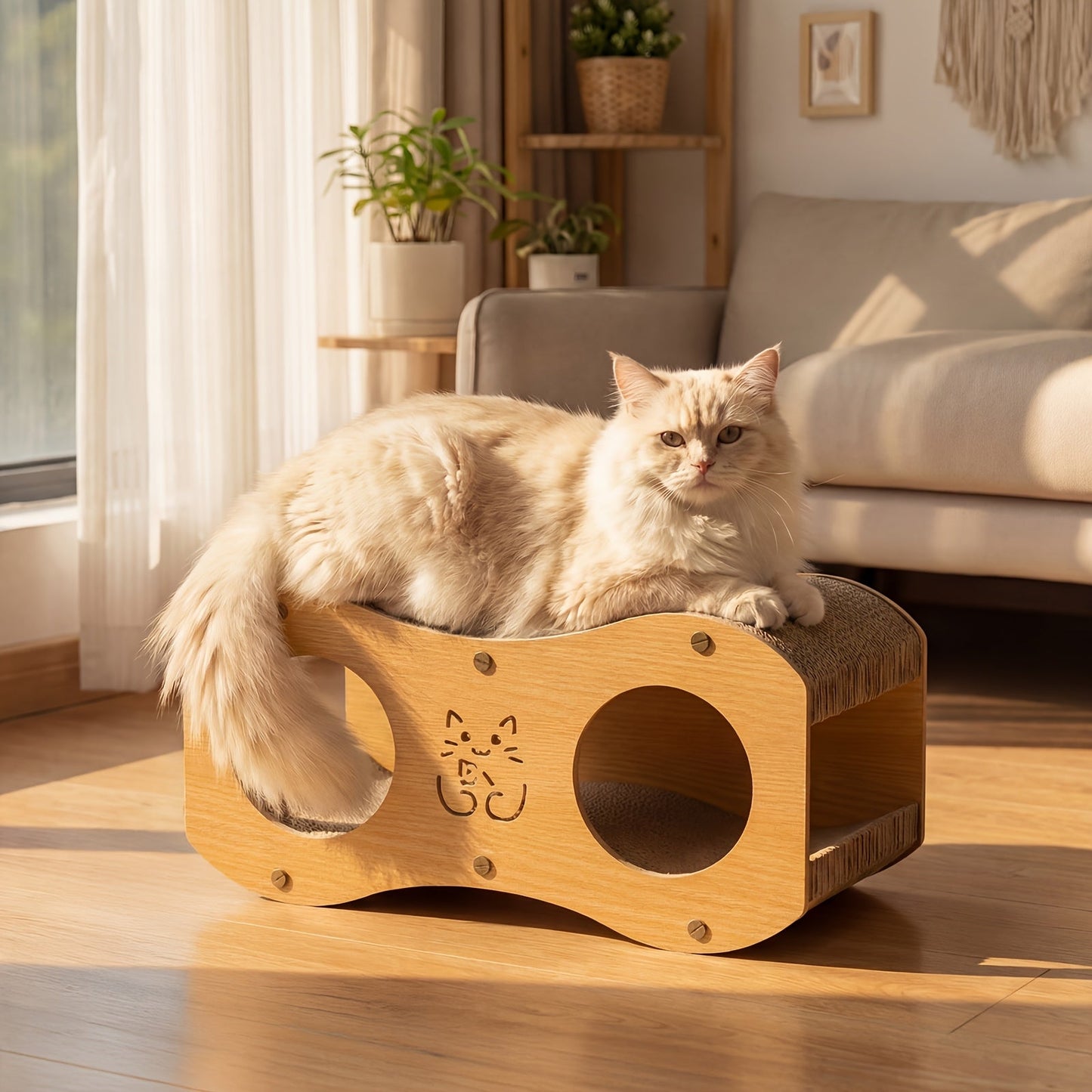 Walnut Cat Scratching Post with Integrated Cat Bed – 4-Season Woven Scratch Pad, Indoor Cat Scratcher for Lounging & Play, All Breeds