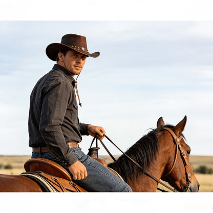 Genuine Leather Cowboy Hat for Men and Women Western Australian Wide Brim Shapeable UV Protection Vintage Brown Hat with Chin Cord Sizes S to 3XL