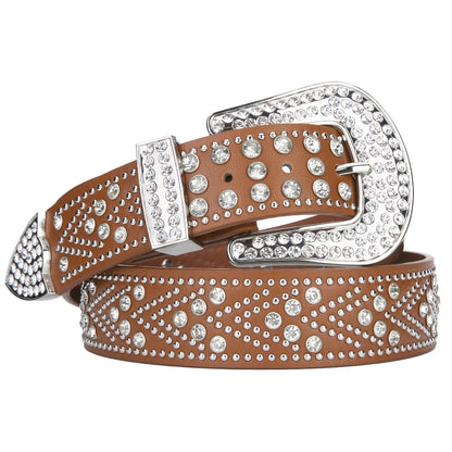 Studded Rhinestone Belt for Men & Women – Bling Y2K Western Cowboy Cowgirl Faux Leather Belt with Gold Metal Buckle, Punk Style, Sizes 28–44