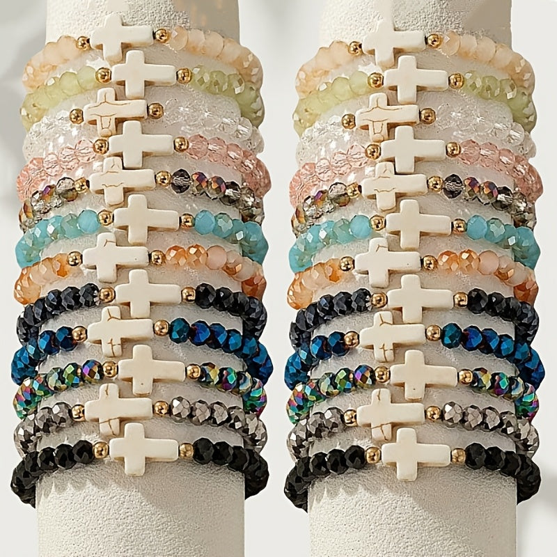 24pc Bohemian Cross Charm Bracelet Set – Colorful Elastic Stretch Bands with Resin & Glass Cross Charms, Bulk Pack for Daily Wear, Vacation, Parties & Holiday Gifting