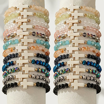 24pc Bohemian Cross Charm Bracelet Set – Colorful Elastic Stretch Bands with Resin & Glass Cross Charms, Bulk Pack for Daily Wear, Vacation, Parties & Holiday Gifting