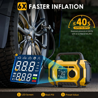 7000A Portable Jump Starter with Air Compressor – 8-in-1 Car Battery Booster, 150PSI Auto-Stop Tire Inflator, Power Bank, LED Emergency Light – Fits Gas up to 9L & Diesel up to 8.5L, 12V Vehicles