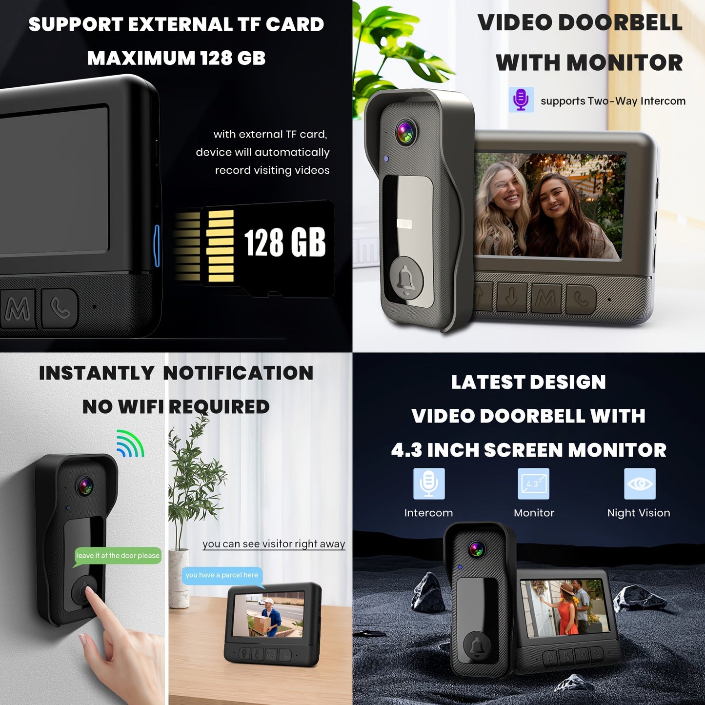 Wireless Video Doorbell Camera with Monitor, No Subscription HD Smart Doorbell with Night Vision, Two-Way Talk, 4.3-Inch Screen & 128GB Storage for Home Security