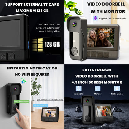 Wireless Video Doorbell Camera with Monitor, No Subscription HD Smart Doorbell with Night Vision, Two-Way Talk, 4.3-Inch Screen & 128GB Storage for Home Security