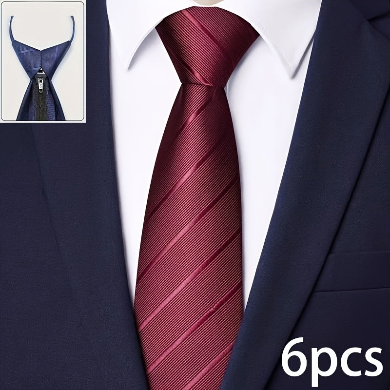 Men's Zipper Ties Set of 6 Pre-Tied Neckties - Black Navy Burgundy Formal Ties for Wedding, Business, Job Interviews & Graduation, Easy Clip-On Adjustable Necktie Gift Set for Men & Boys
