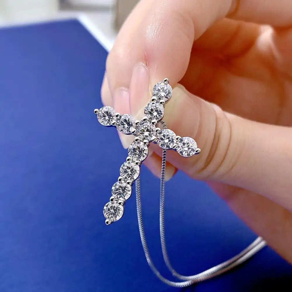 Moissanite Cross Necklace 925 Sterling Silver 11ct Brilliant Cut Pendant Necklace for Women - Luxury Hypoallergenic Religious Jewelry Gift for Her Valentine's Day Christmas