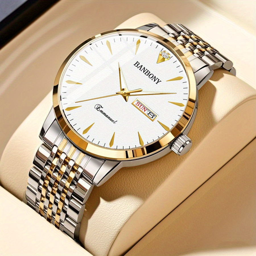 Unisex Stainless Steel Quartz Watch – Rhinestone Accents, IPX7 Waterproof, HD Dial with Date Display, Gold & Silver Tones, Elegant Fashion Wristwatch for Women & Men