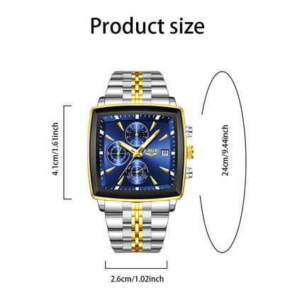 LIGE Men's Square Analog Quartz Watch – Stainless Steel Strap Calendar Display, Preppy Sport Fashion Wristwatch for Men Teens, 8 Color Options, Birthday Graduation Gift Blue Black Gold