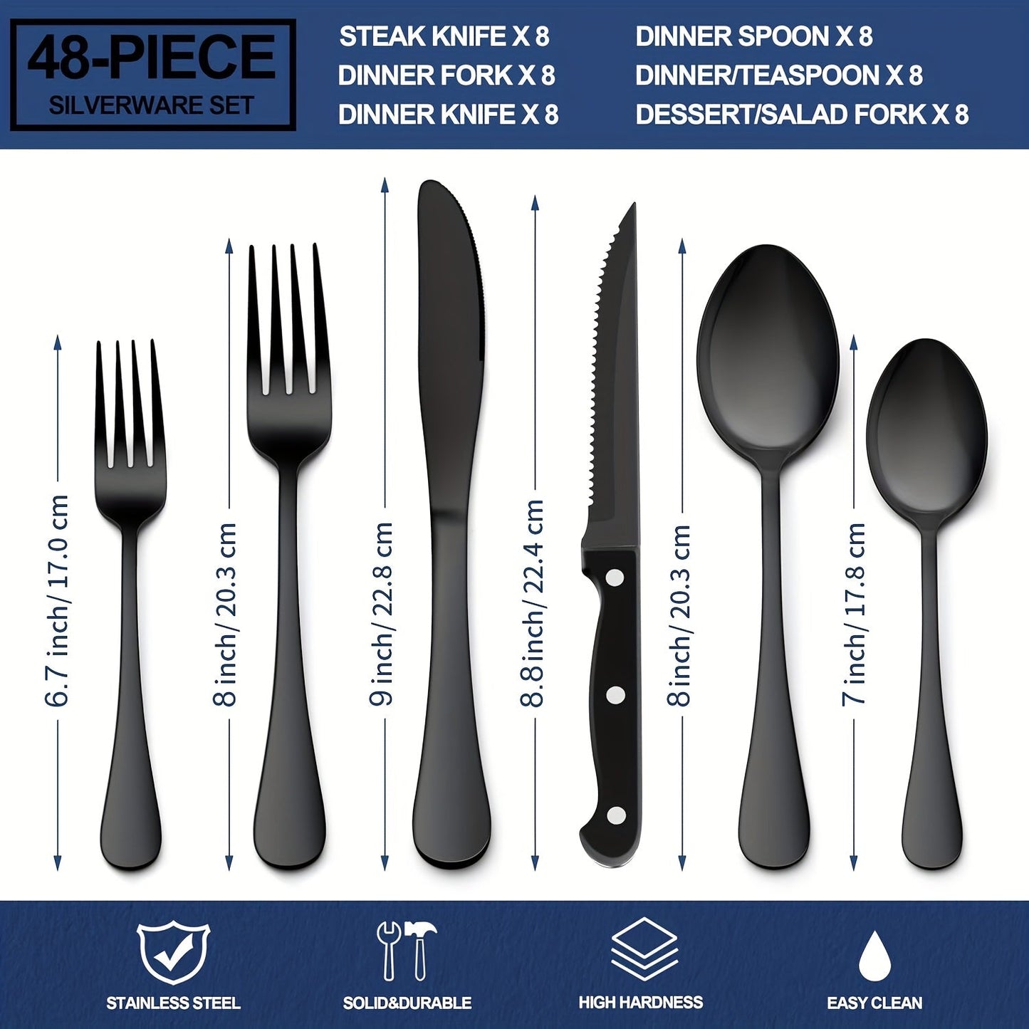 48-Piece Silverware Set with Steak Knives Service for 8 – 304 Stainless Steel Flatware Cutlery Set Mirror Finish Dishwasher Safe Spoons Forks Knives Silver Black