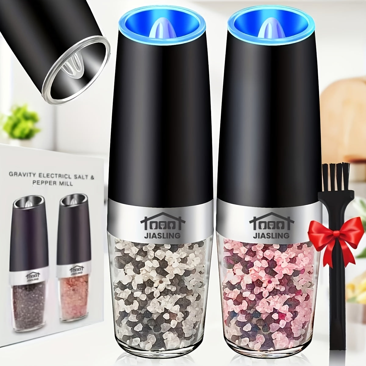 2-Pack Electric Salt and Pepper Grinder Set – Gravity-Powered Automatic One-Handed Operation, Battery-Powered LED Light, Adjustable Coarseness, Black Rocking Chair Design, Creative Kitchen Gift