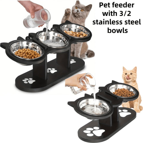 Elevated Cat Bowl Stand with 15° Tilted Stainless Steel Bowls – Adjustable Raised Feeder for Cats & Small Dogs, Anti-Spill Black Wooden Base, Set of 2 or 3 Bowls for Food and Water