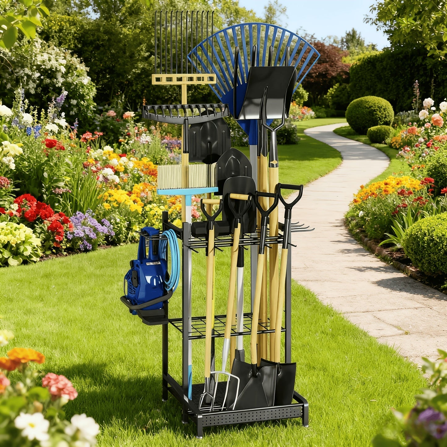Garden Tool Organizer for Garage Heavy Duty Metal Rack with Hooks – Freestanding Yard Tool Stand Holder for Long-Handled Brooms, Shovels, Rakes & Outdoor Tools, Black Storage Rack