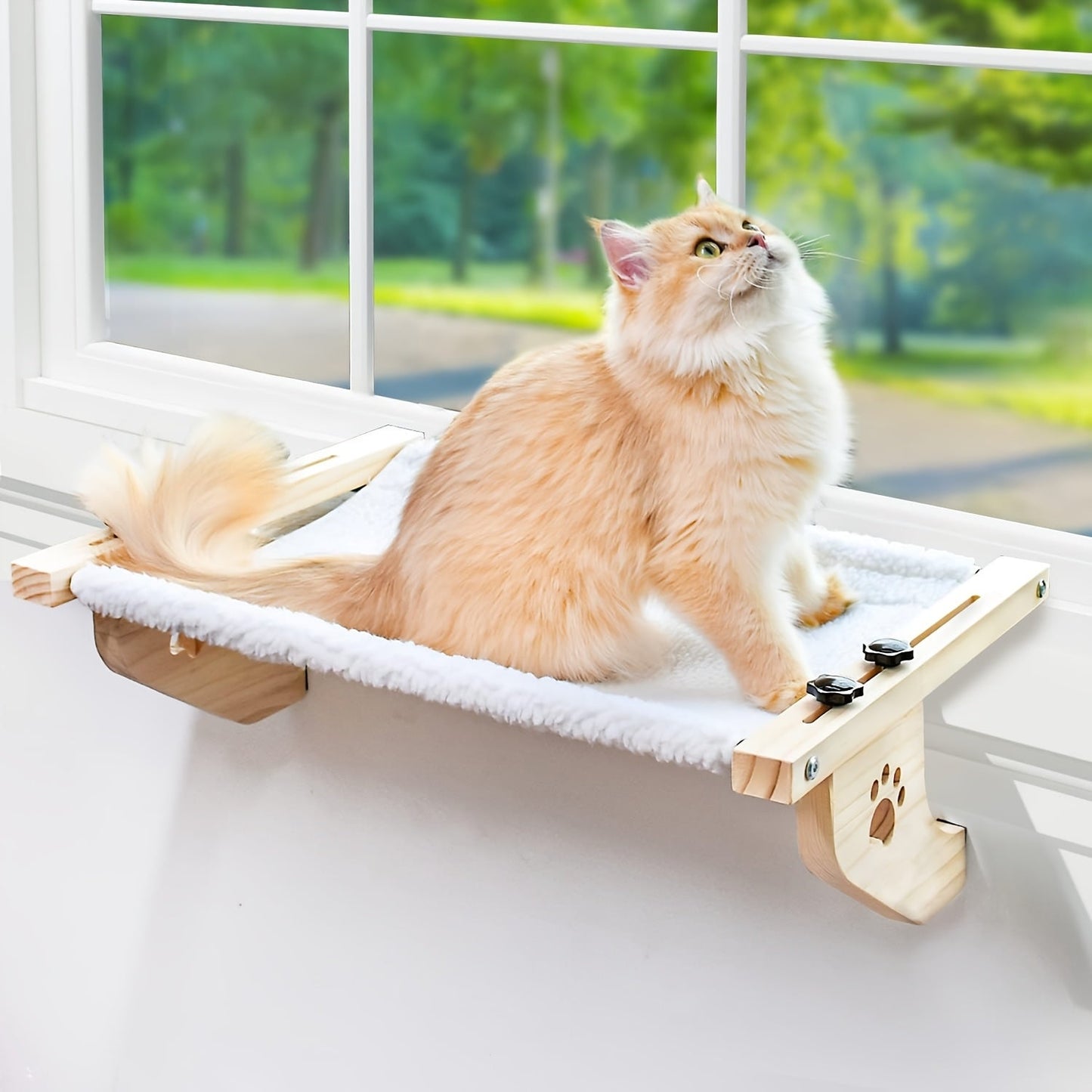 Cat Window Perch & Hammock for Indoor Cats – Sturdy Wood & Metal Frame, Easy-Adjust Mount for Windowsill, Bedside, Drawer & Cabinet, Supports Large Cats, Space-Saving Cat Shelf Bed