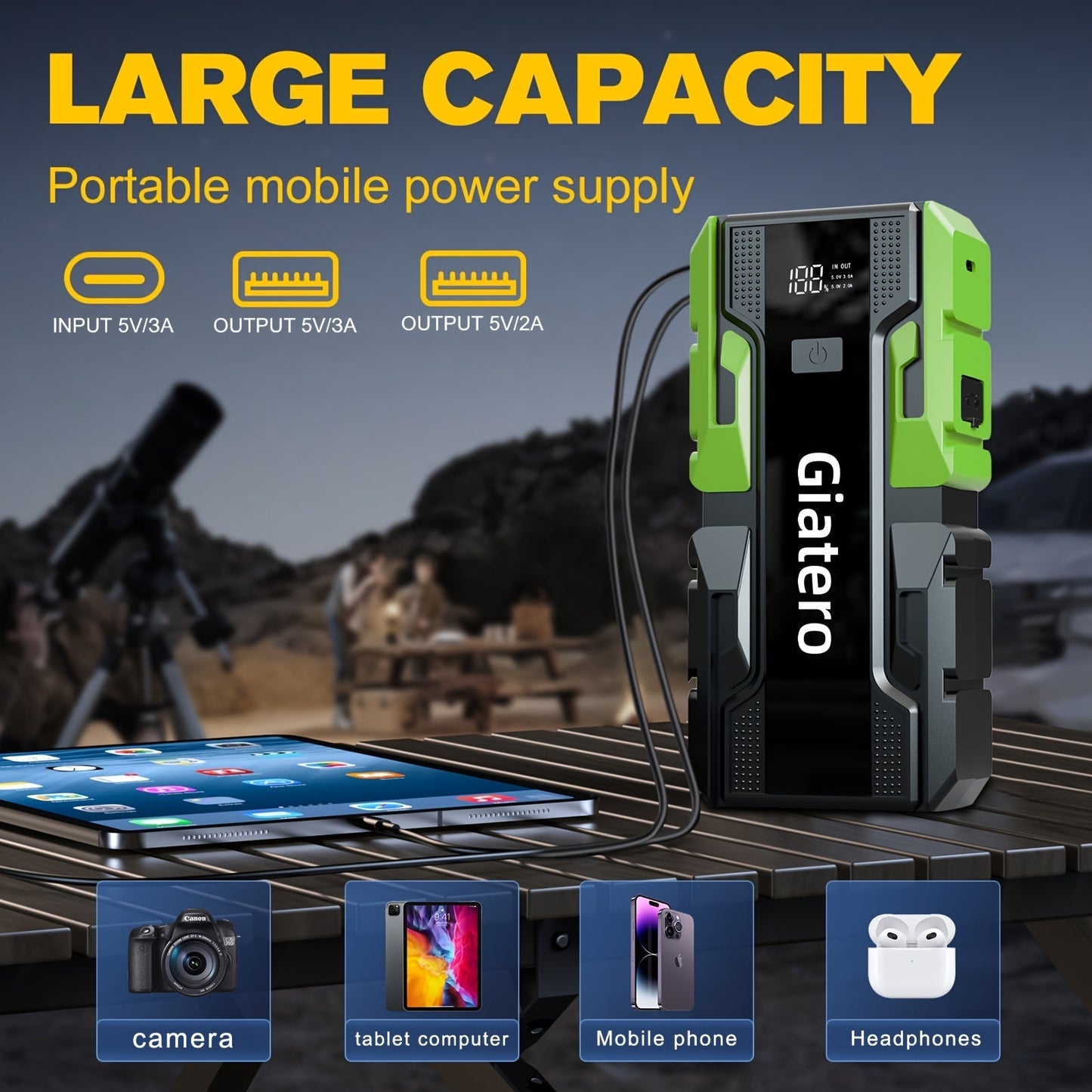 12V Portable Car Jump Starter with Built-In Air Compressor Tire Inflator – Emergency Battery Booster for Gas (3.7 Gal) & Diesel (3.17 Gal) Engines, Trucks & Cars Emergency Starter Power Supply