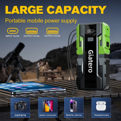 12V Portable Car Jump Starter with Built-In Air Compressor Tire Inflator – Emergency Battery Booster for Gas (3.7 Gal) & Diesel (3.17 Gal) Engines, Trucks & Cars Emergency Starter Power Supply