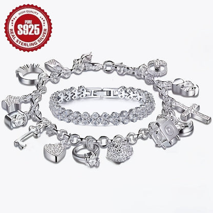 2PCS S925 Sterling Silver Bracelet Set for Women – CZ Tennis Bracelet & Retro Multi-Element Charm Bracelet, Classic Luxury Style, Sparkling Zirconia Mosaic, Perfect Daily Wear & Gift Set