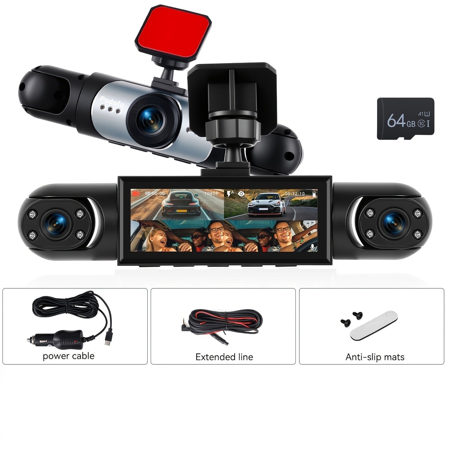 360° 4-Channel Dash Cam 1080P Full Coverage – Front 1080P + 720P Front/Rear/Left/Right, Night Vision WDR G-Sensor Loop Recording, Car Driving Recorder with Optional 32GB/64GB TF Card