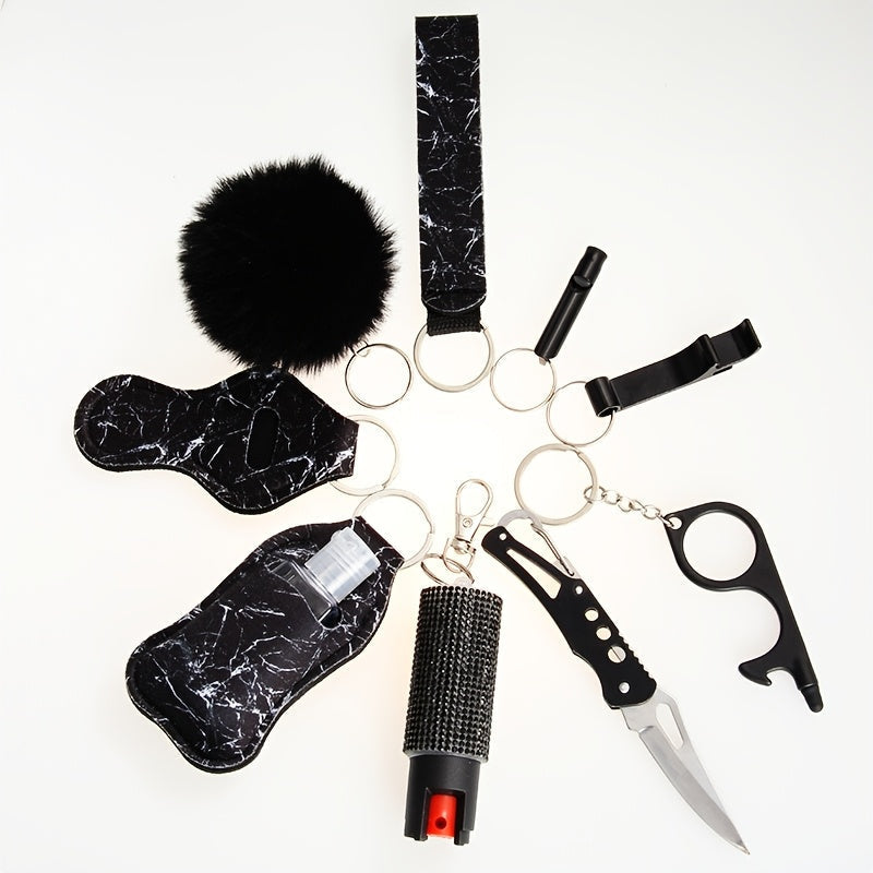 Women's Personal Safety Keychain Set with Whistle Pocket Knife and Spray Compact Self Defense Accessories for Daily Outings Holiday Birthday Gift 6 Colors