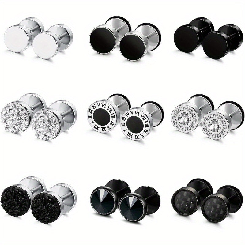 16-Pair Fake Gauge Stud Earrings for Men & Women – 316L Stainless Steel Faux Plug Screw Barbell Ear Studs, 8mm Black & Silver Assorted Styles, Hypoallergenic Earring Set Gift