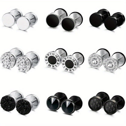 16-Pair Fake Gauge Stud Earrings for Men & Women – 316L Stainless Steel Faux Plug Screw Barbell Ear Studs, 8mm Black & Silver Assorted Styles, Hypoallergenic Earring Set Gift