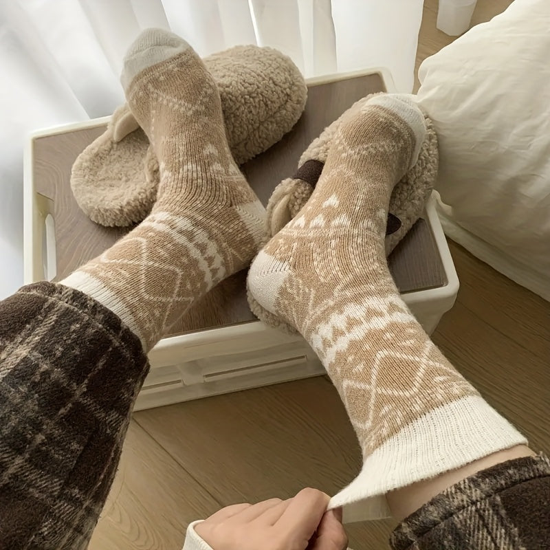 5-Pack Women's Thermal Winter Socks – Fluffy Warm Mid-Calf Cold Weather Socks with Ethnic Rhombus Pattern, Cozy Soft Fabric for Outdoor Commuting & Everyday Wear, Multi-Color