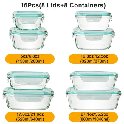 Glass Food Storage Containers with Lids 16-Piece Set (8 Containers + 8 Lids), Airtight Meal Prep Containers Microwave Oven Freezer Safe, Lunch Boxes for Salads Fruits Vegetables Sandwiches Leftovers