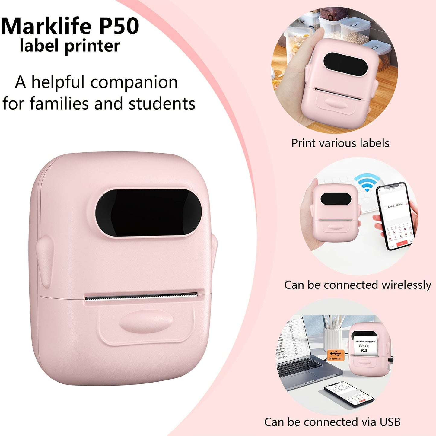Wireless Thermal Label Maker – No Ink Required, Multiple Templates, Bluetooth Label Printer for Storage Organization Home Office School Supplies, Pink White Blue